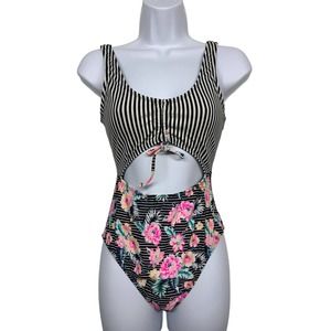 ARIZONA JEAN Co. Womens S Black Stripe & Floral One Piece Swimsuit